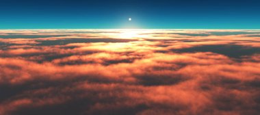 Bulutların üzerinde günbatımı güneş ışığı illüstrasyonu, 3 boyutlu görüntüleme