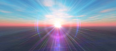 Gün batımı deniz ışığı gökyüzü berrak, üç boyutlu resimleme