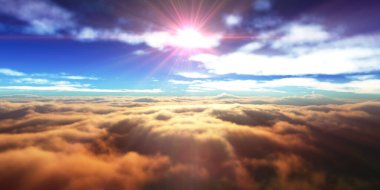 Bulutların üzerinde günbatımı güneş ışığı illüstrasyonu, 3 boyutlu görüntüleme