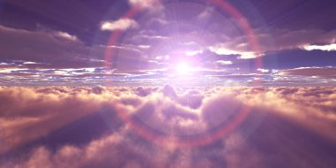 Bulutların üzerinde günbatımı güneş ışığı illüstrasyonu, 3 boyutlu görüntüleme