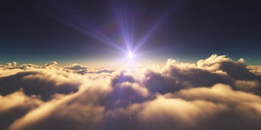 Bulutların üzerinde gün doğumu güneş ışığı çizimi, 3 boyutlu görüntüleme