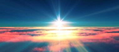 Bulutların üzerinde günbatımı güneş ışığı illüstrasyonu, 3 boyutlu görüntüleme