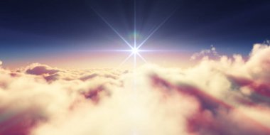 Bulutların üzerinde gün doğumu güneş ışığı çizimi, 3 boyutlu görüntüleme