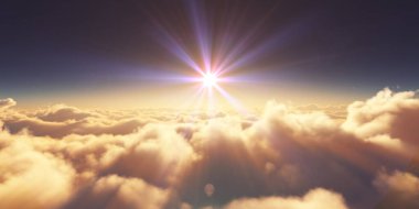 Bulutların üzerinde gün doğumu güneş ışığı çizimi, 3 boyutlu görüntüleme