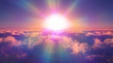 Bulutların üzerinde günbatımı güneş ışığı illüstrasyonu, 3 boyutlu görüntüleme