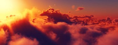 Bulutların üzerinde günbatımı güneş ışığı illüstrasyonu, 3 boyutlu görüntüleme