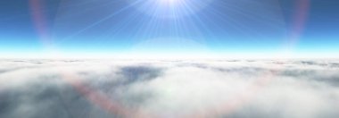 Bulutların üzerinde güneş ışınları, 3 boyutlu resimleme