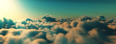 Bulutların üzerinde günbatımı güneş ışığı illüstrasyonu, 3 boyutlu görüntüleme