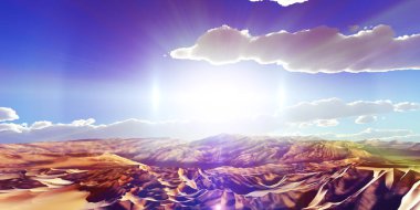 Çölde kum tepeleri batıyor. 3d resimleme