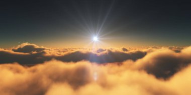 Bulutların üzerinde gün doğumu güneş ışığı çizimi, 3 boyutlu görüntüleme