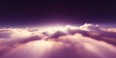 Bulutların üzerinde gün doğumu güneş ışığı çizimi, 3 boyutlu görüntüleme