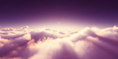 Bulutların üzerinde gün doğumu güneş ışığı çizimi, 3 boyutlu görüntüleme