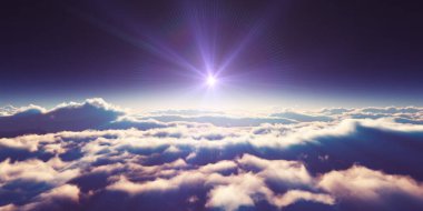 Bulutların üzerinde gün doğumu güneş ışığı çizimi, 3 boyutlu görüntüleme