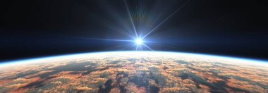 Bulutlu okyanus üzerinden Dünya 'nın doğuşu. 3d resimleme