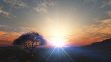 Çayırda gün batımı ve yalnız ağaç, üç boyutlu resimleme