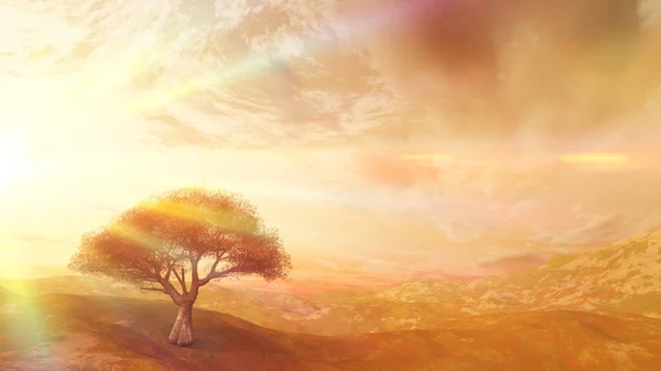 sunset at meadow and lonely tree, 3d render illustration