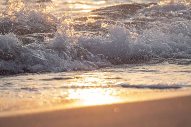 Dalgalar deniz kıyısı makrosu sıçratıyor. Yaklaş.