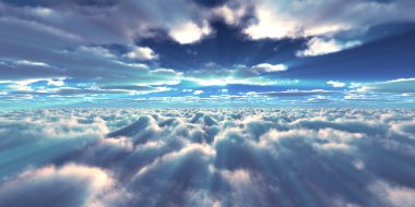 Bulutların üzerinde günbatımı güneş ışığı illüstrasyonu, 3 boyutlu görüntüleme