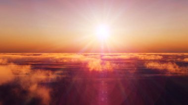 Bulutların üzerinde günbatımı güneş ışığı illüstrasyonu, 3 boyutlu görüntüleme