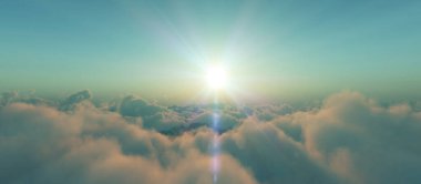 Bulutların üzerinde günbatımı güneş ışığı illüstrasyonu, 3 boyutlu görüntüleme