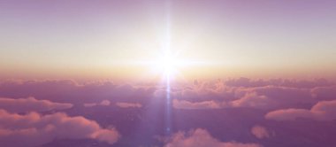 Bulutların üzerinde günbatımı güneş ışığı illüstrasyonu, 3 boyutlu görüntüleme