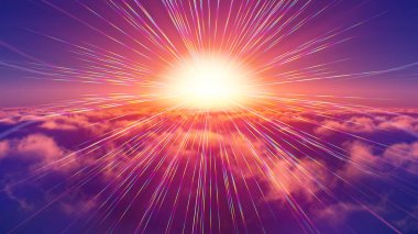 Bulutların üzerinde günbatımı güneş ışığı illüstrasyonu, 3 boyutlu görüntüleme