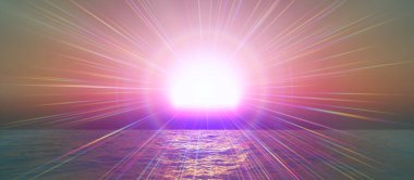 Gün batımı deniz ışığı gökyüzü berrak, üç boyutlu resimleme