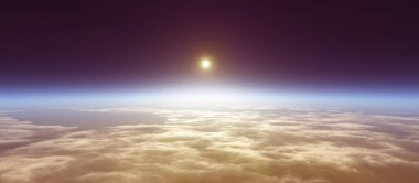 Bulutlu okyanus üzerinden Dünya 'nın doğuşu. 3d resimleme