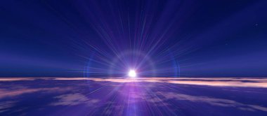 Bulutlu okyanus üzerinden Dünya 'nın doğuşu. 3d resimleme