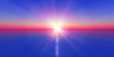 Deniz çiziminde gün batımı ufku 3D görüntüleme