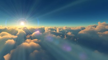 Bulutların üzerinde günbatımı güneş ışığı illüstrasyonu, 3 boyutlu görüntüleme