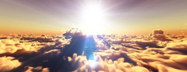 Bulutların üzerinde günbatımı güneş ışığı illüstrasyonu, 3 boyutlu görüntüleme