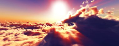 Bulutların üzerinde günbatımı güneş ışığı illüstrasyonu, 3 boyutlu görüntüleme