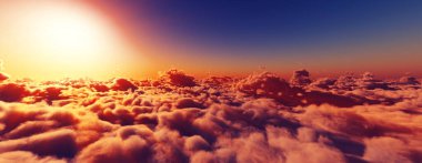 Bulutların üzerinde günbatımı güneş ışığı illüstrasyonu, 3 boyutlu görüntüleme