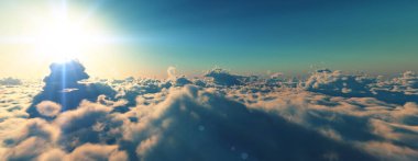 Bulutların üzerinde günbatımı güneş ışığı illüstrasyonu, 3 boyutlu görüntüleme