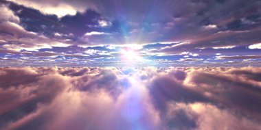 Bulutların üzerinde günbatımı güneş ışığı illüstrasyonu, 3 boyutlu görüntüleme