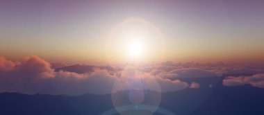 Bulutların üzerinde günbatımı güneş ışığı illüstrasyonu, 3 boyutlu görüntüleme