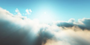 Bulutların üzerinde günbatımı güneş ışığı illüstrasyonu, 3 boyutlu görüntüleme