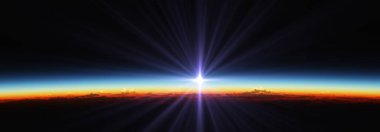 Bulutlu okyanus üzerinden Dünya 'nın doğuşu. 3d resimleme