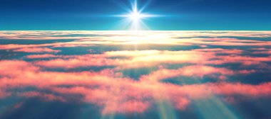 Bulutların üzerinde günbatımı güneş ışığı illüstrasyonu, 3 boyutlu görüntüleme