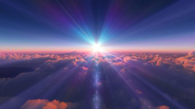 Bulutların üzerinde günbatımı güneş ışığı illüstrasyonu, 3 boyutlu görüntüleme