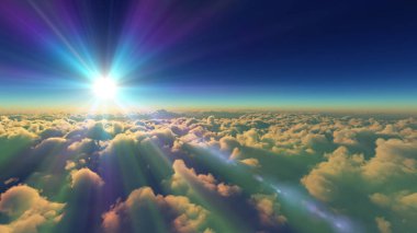 Bulutların üzerinde günbatımı güneş ışığı illüstrasyonu, 3 boyutlu görüntüleme