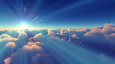 Bulutların üzerinde günbatımı güneş ışığı illüstrasyonu, 3 boyutlu görüntüleme