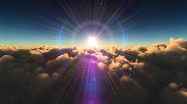 Bulutların üzerinde günbatımı güneş ışığı illüstrasyonu, 3 boyutlu görüntüleme