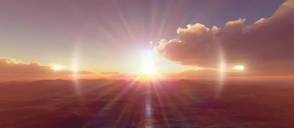 Над Облаками Летать Закат Солнца Луч Иллюстрации Рендеринг Лицензионные Стоковые Изображения