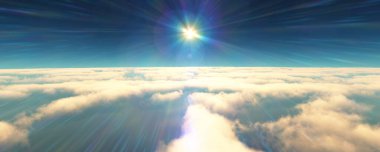 Bulutların üzerinde uç günbatımı manzarası. 3d resimleme