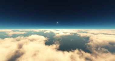 Bulutların üzerinde uç günbatımı manzarası. 3d resimleme