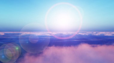 Bulutların üzerinde günbatımı güneş ışığı illüstrasyonu, 3 boyutlu görüntüleme