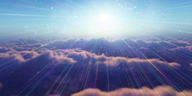 Bulutların üzerinde günbatımı güneş ışığı illüstrasyonu, 3 boyutlu görüntüleme