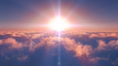 Bulutların üzerinde günbatımı güneş ışığı illüstrasyonu, 3 boyutlu görüntüleme